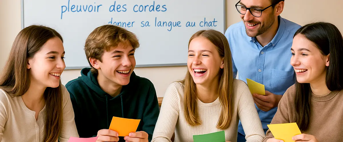 Groupe de collégiens souriants participant à un cours de français avec leur professeur Acadomia dans une salle de classe