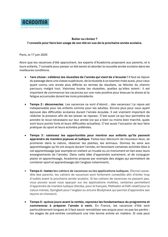 Communiqué de presse 7 conseils pour l'été