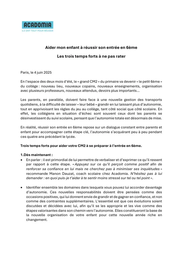 Communiqué de presse aider son enfant à réussir son entrée en 6eme