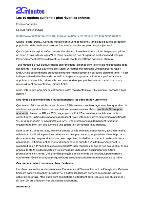Article 20 minutes paru le 13 février 2025, sur les métiers qui font rêver les enfants