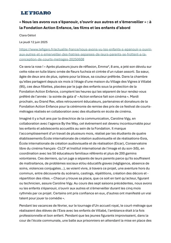 Article Le figaro paru le 12 juin 2025, sur la fondation action enfance d'Acadomia
