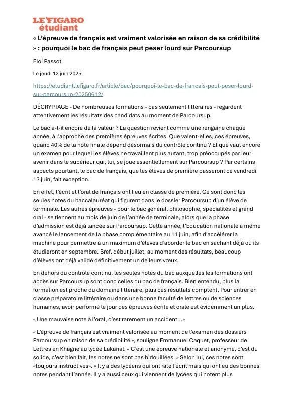 Article Le figaro étudiant paru le 12 juin 2025, sur le poid de l'épreuve de français sur Parcoursup