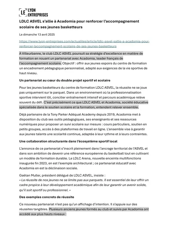 Article Lyon Entreprises paru le 13 avril 2025, sur le partenariat Acadomia X LDLC ASVEL