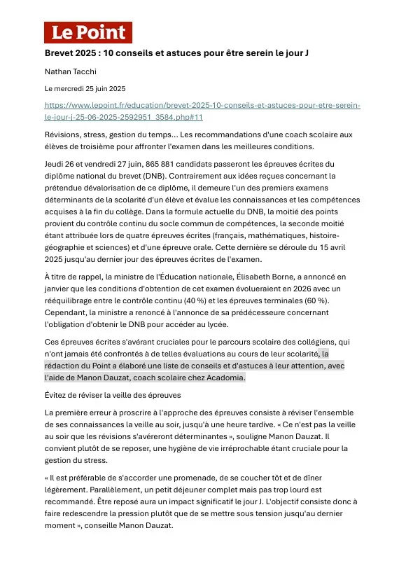 Article Le point paru le 25 juin 2025, sur des astuces pour être serein pour le brevet