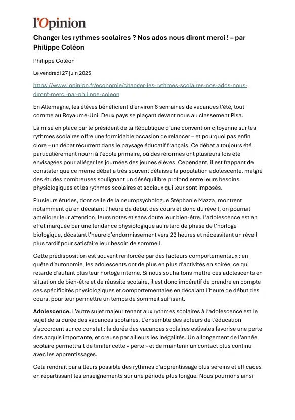 Article L'Opinion paru le 27 juin 2025, sur des changements de rythme scolaires