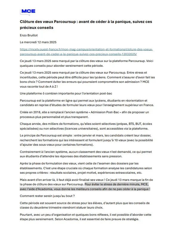 Article ma chaine etudiante paru le 12 mars 2025, sur la clôture des voeux parcoursup