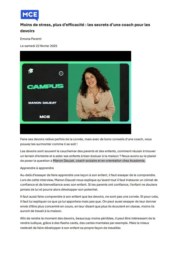 Article ma chaine etudiante paru le 12 février 2025, sur le stress lors des devoirs