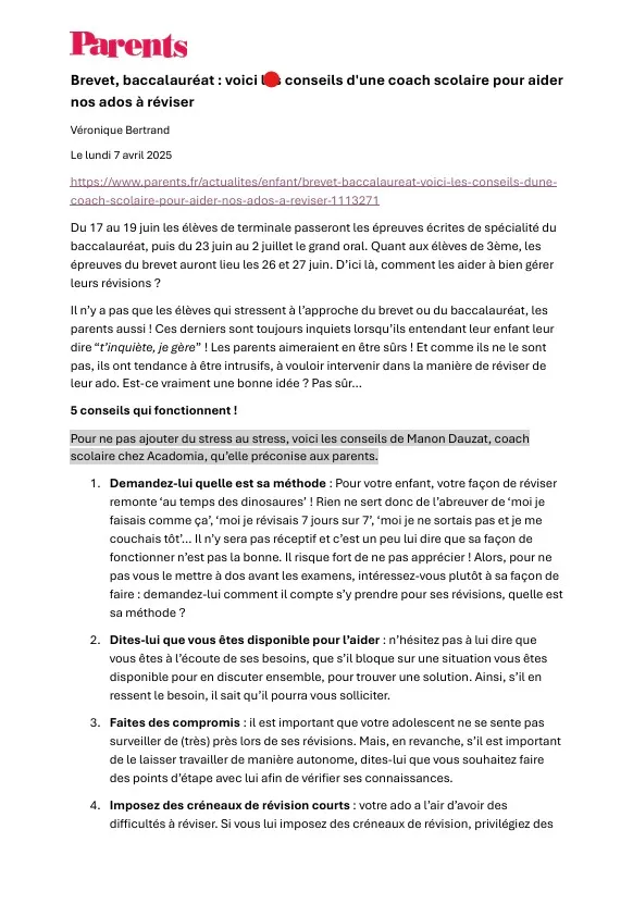 Article Parents paru le 7 avril 2025, sur les révisions du brevet et du bac