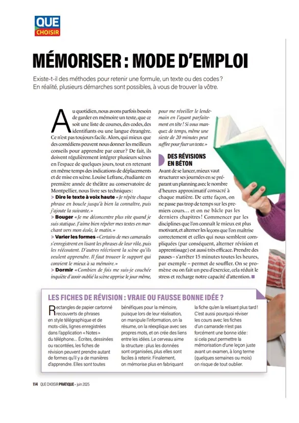 Article Que choisir paru en juin 2025, sur la mémorisation