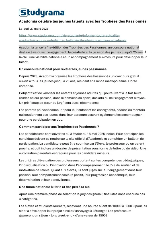 Article studyrama paru le 27 mars 2025, sur les Trophées des Passionnés