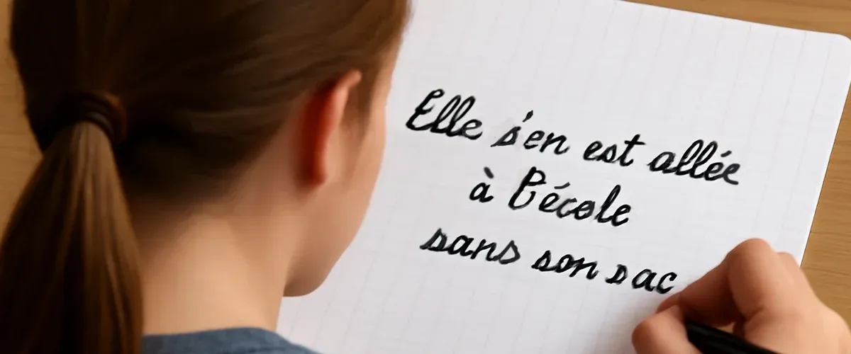 Cahier d'école avec texte "Elle s'en est allée à l'école sans son sac" - exercice orthographe avec Acadomia