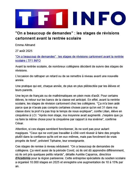 article TF1 info sur les stages de révisions avant la rentrée scolaire, paru le 27 aout 2025