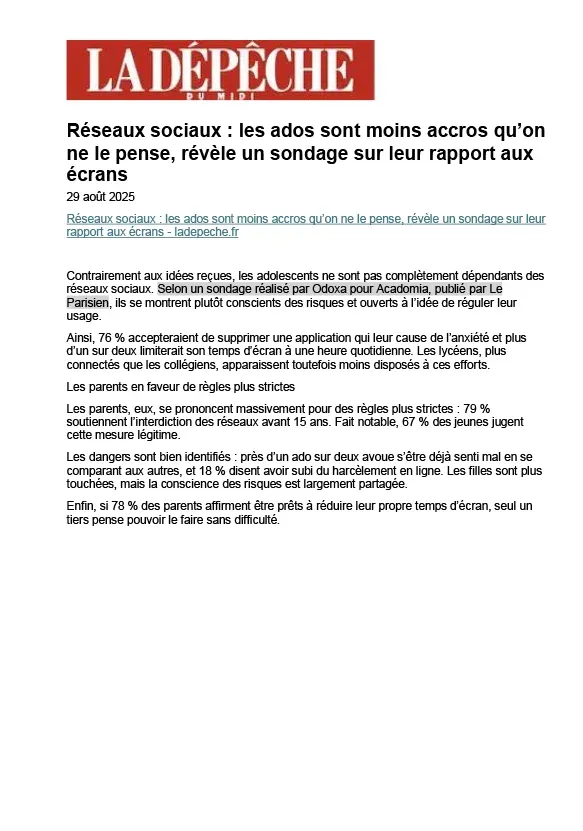 article La Dépêche sur un sondage sur le rapport aux écrans chez les ados, paru le 29 aout 2025