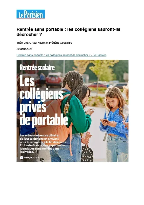 article Le Parisien sur la rentrée sans portable , paru le 29 aout 2025