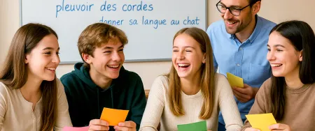 Groupe de collégiens souriants participant à un cours de français avec leur professeur Acadomia dans une salle de classe
