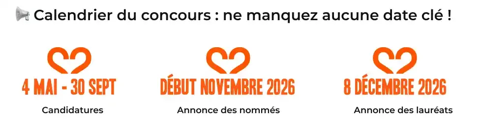 Candidatures : 4 mai - 30 sept. - Annonce des nommés : début novembre 2026 - Annonce des lauréats : 8/12/2026